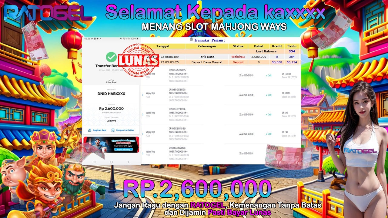 BUKTI JACKPOT SLOT MAHJONG WAYS TERPERCAYA DI INDONESIA TGL 22-06-2025