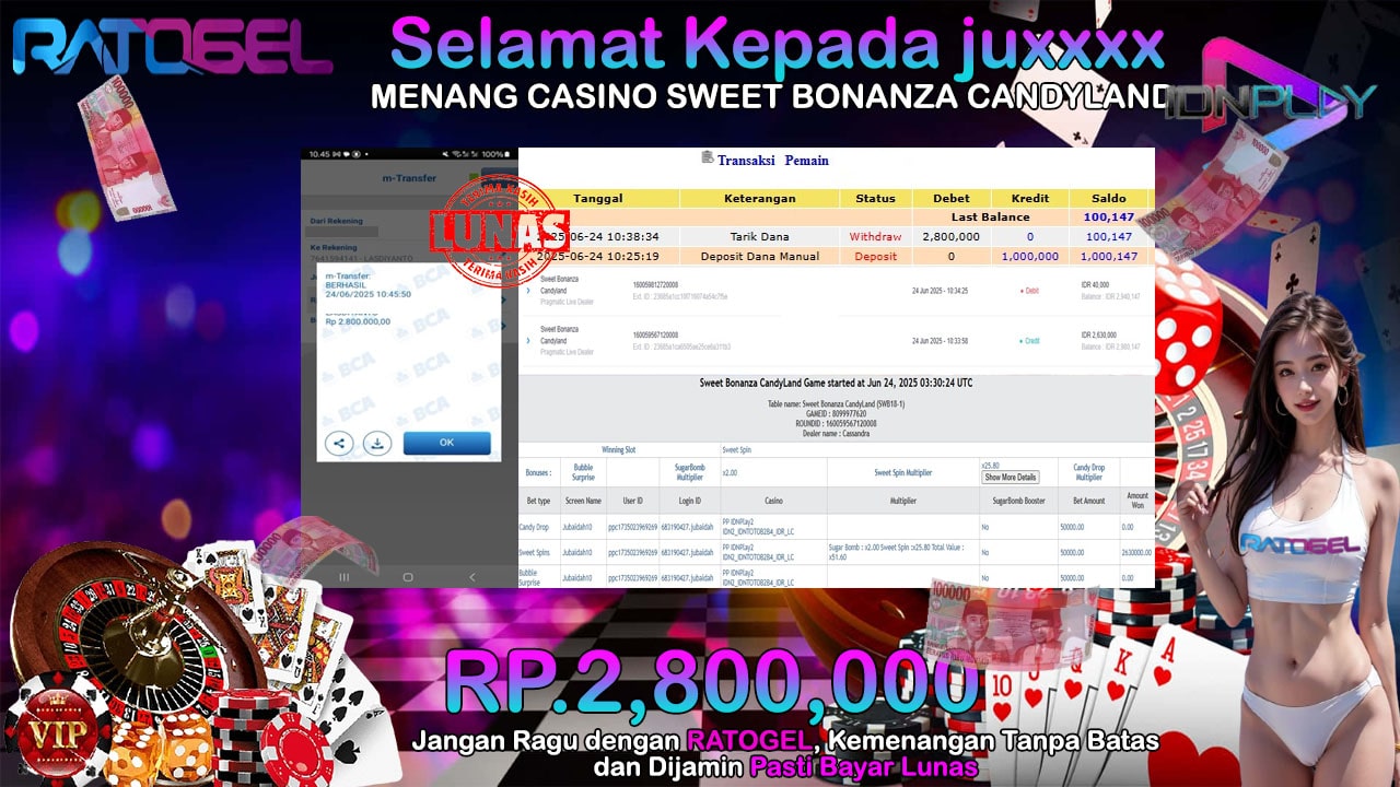 BUKTI JACKPOT CASINO SWEET BONANZA CANDYLAND TERPERCAYA DI INDONESIA TGL 24-06-2025