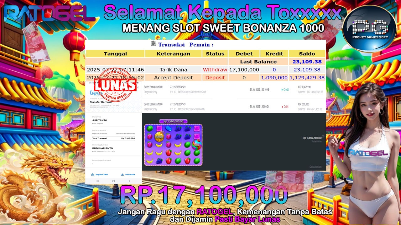 BUKTI JACKPOT SLOT SWEET BONANZA 1000 TERPERCAYA DI INDONESIA TGL 22-07-2025