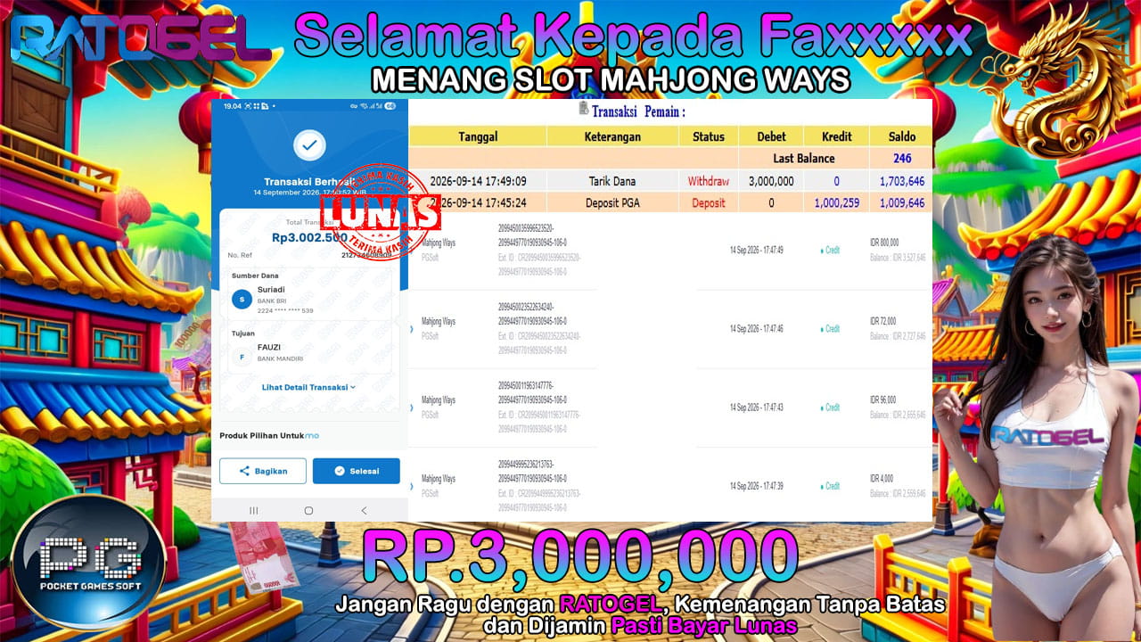 BUKTI JACKPOT SLOT MAHJONG WAYS TERPERCAYA DI INDONESIA TGL 14-09-2026